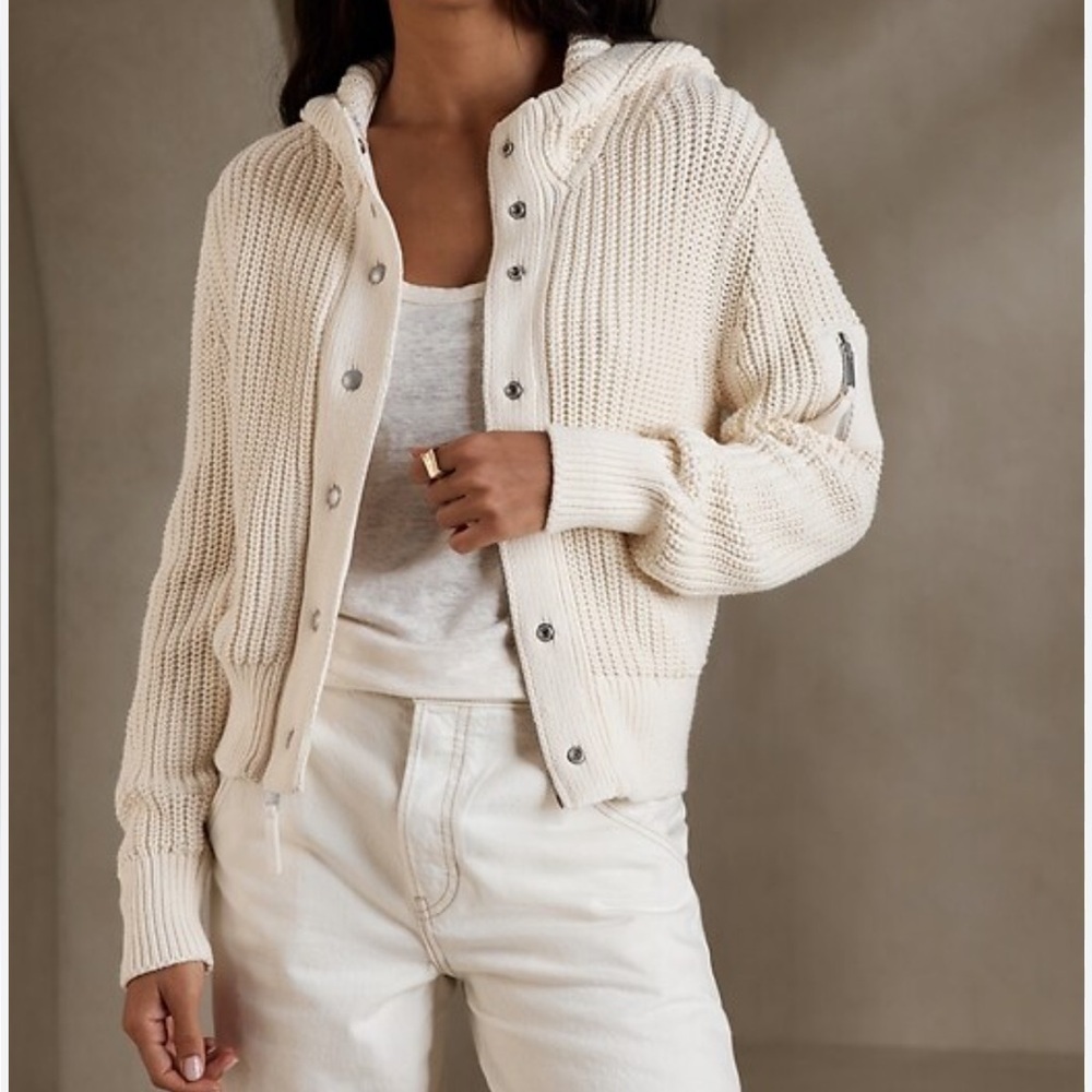 [XL]Banana Republic Varo Cream Chunky Knit Hooded Bomber Sweater Organic Cotton
